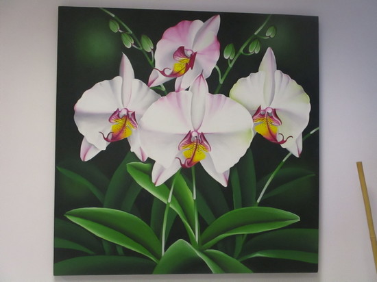 PUT/768 Quadro batik dipinto a mano cm 100x 100 orchidea rosa